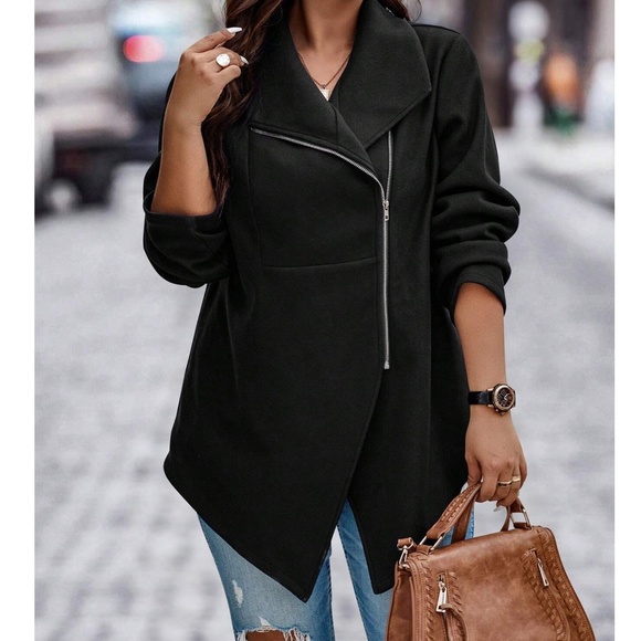 Luxe Black Zip up Waterfall jacket Coat - Picture 4 of 4